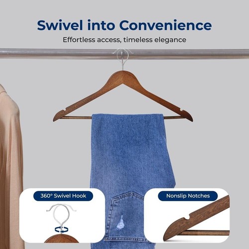 SereneLife 50 Pcs Wooden Hangers - Non-Slip w/ Chrome 360° Swivel Hook - Picture 6 of 7