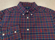 RALPH LAUREN Polo Boys Large 14-16 Red Navy Plaid Button Down Shirt Long Sleeve