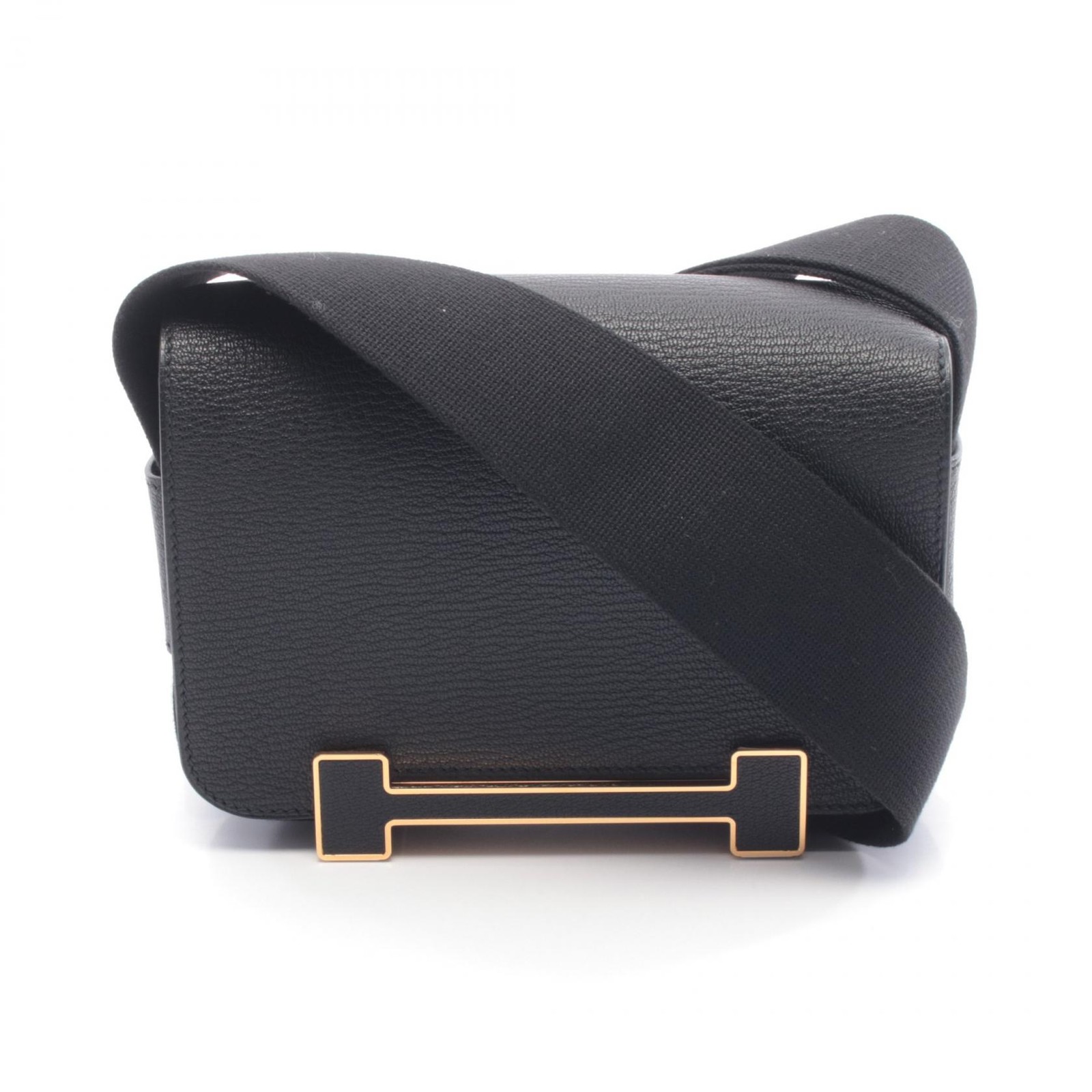 HERMES Geta Crossbody Shoulder Bag Chevre leather Black Used Women U GHW