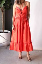 Ulla Johnson NEW Phoebe Cut Out Tiered Halter Cotton Midi Dress In Coral Size 10