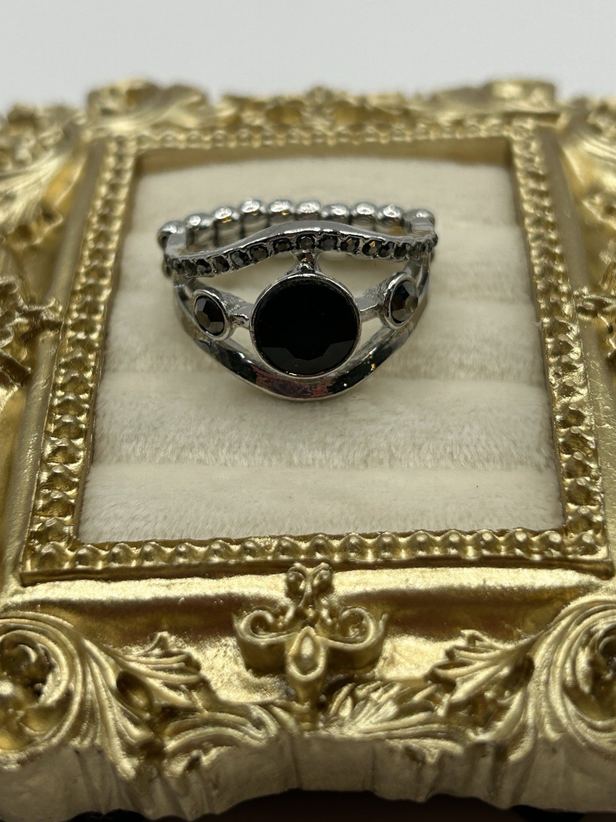 Statement Silver Tone Black Stone Ring Size 9 Fas… - image 1