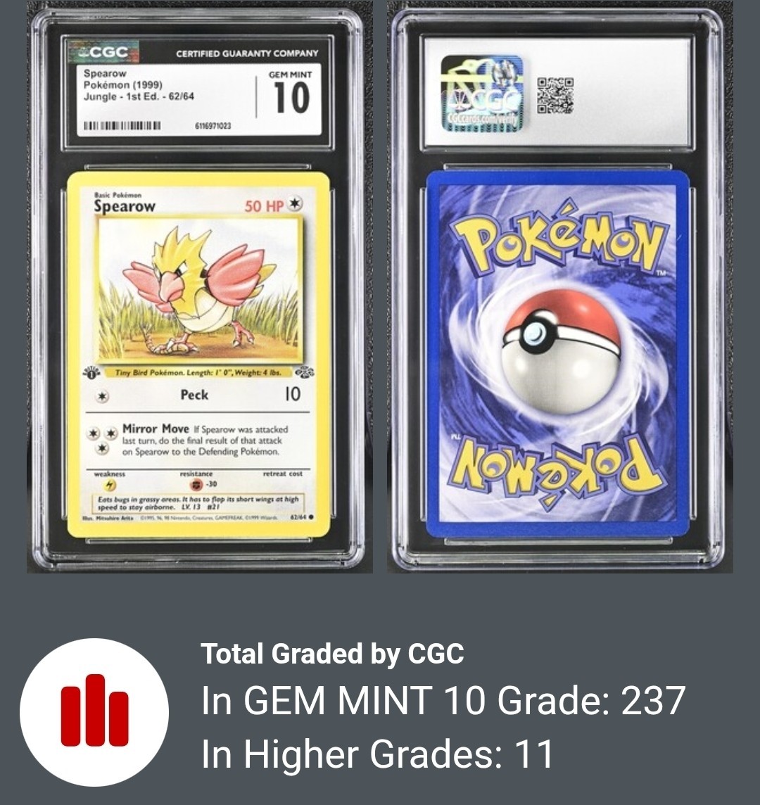 CGC 10 GEM MINT Spearow 1999 Jungle 1st Edition 62/64 Pokemon Card
