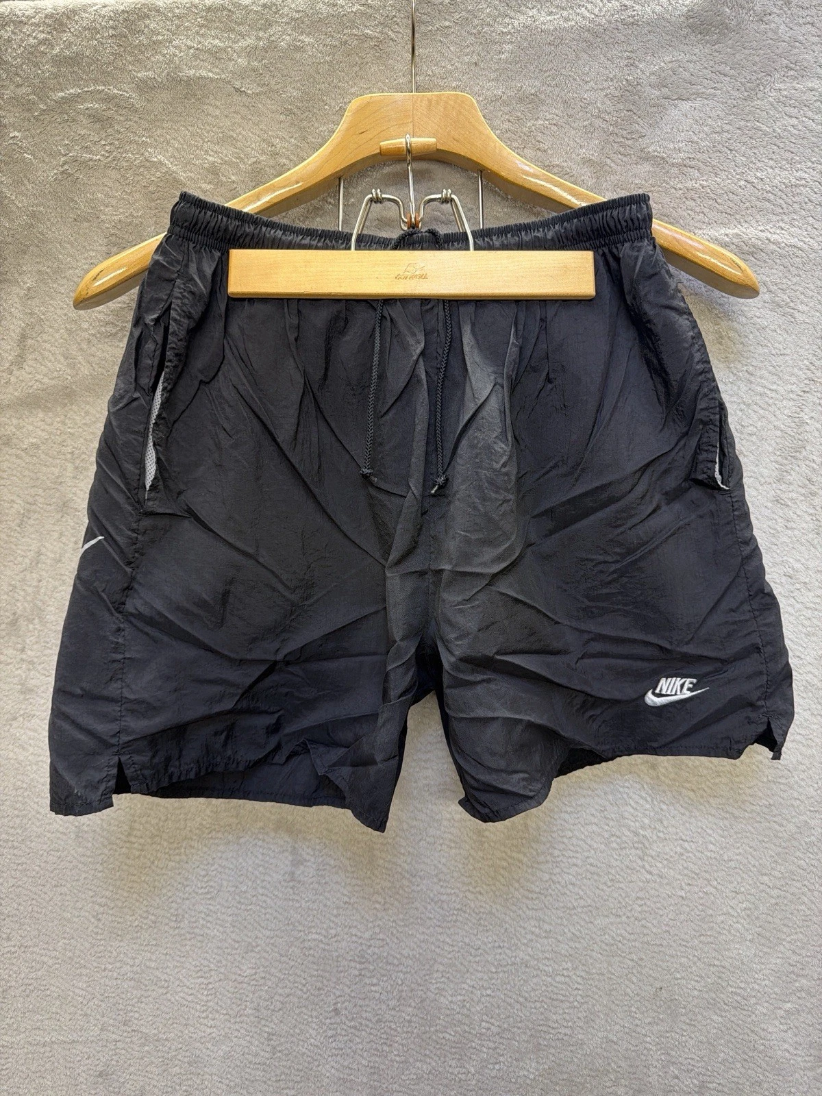 Vtg 90s Nike Nylon Running Shorts Black Mesh Lined Big Back Swoosh Embroidered L