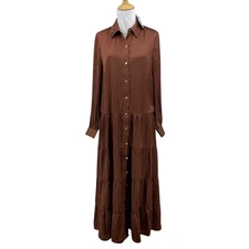 DR2 Daniel Rainn Dress Womens S Small Mauve Brown Tiered Button Front Lined Maxi