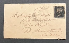 QV GB SG3 1d Penny Black Cf on Cover Brentford Black Maltese Cross Boxed Feb 25