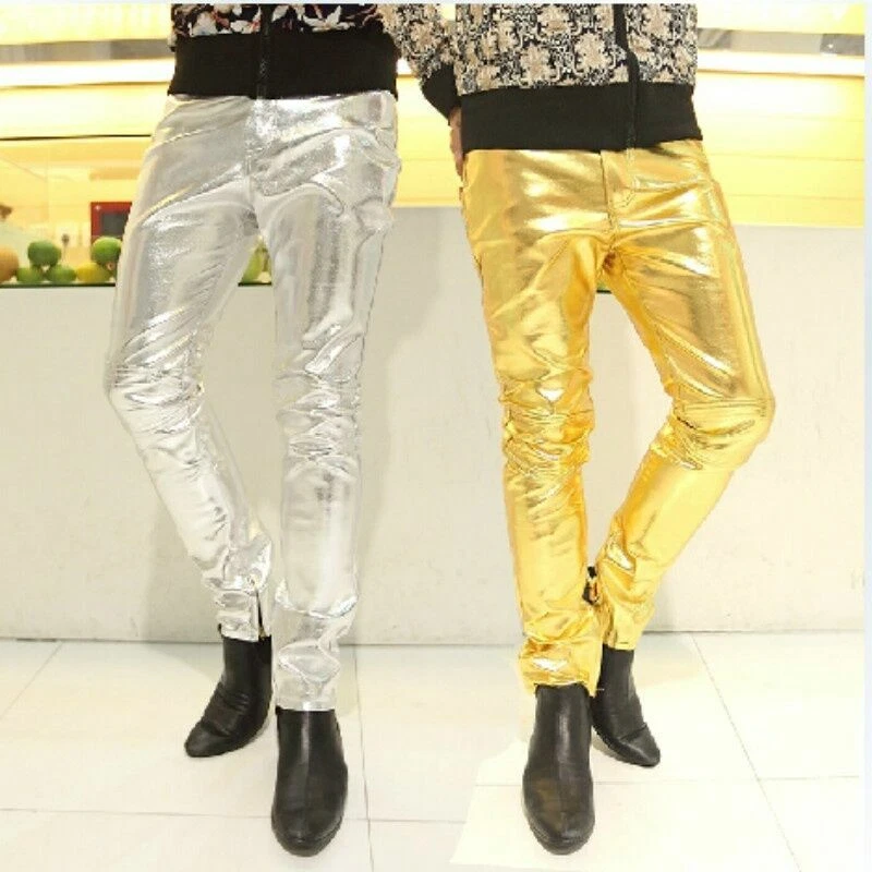 Pantalones de PU para Hombres Metálicos Imitación Cuero Escenario Elegante Baile DS Bling Aspecto Húmedo Largos Foto 2 de 4