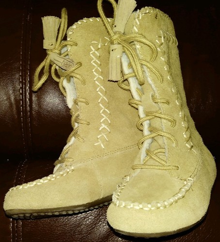 Lands End niñas Nita niños 9 altas bronceadas gamuza corbatas de encaje botas forradas de piel mocasines - Imagen 6 de 8