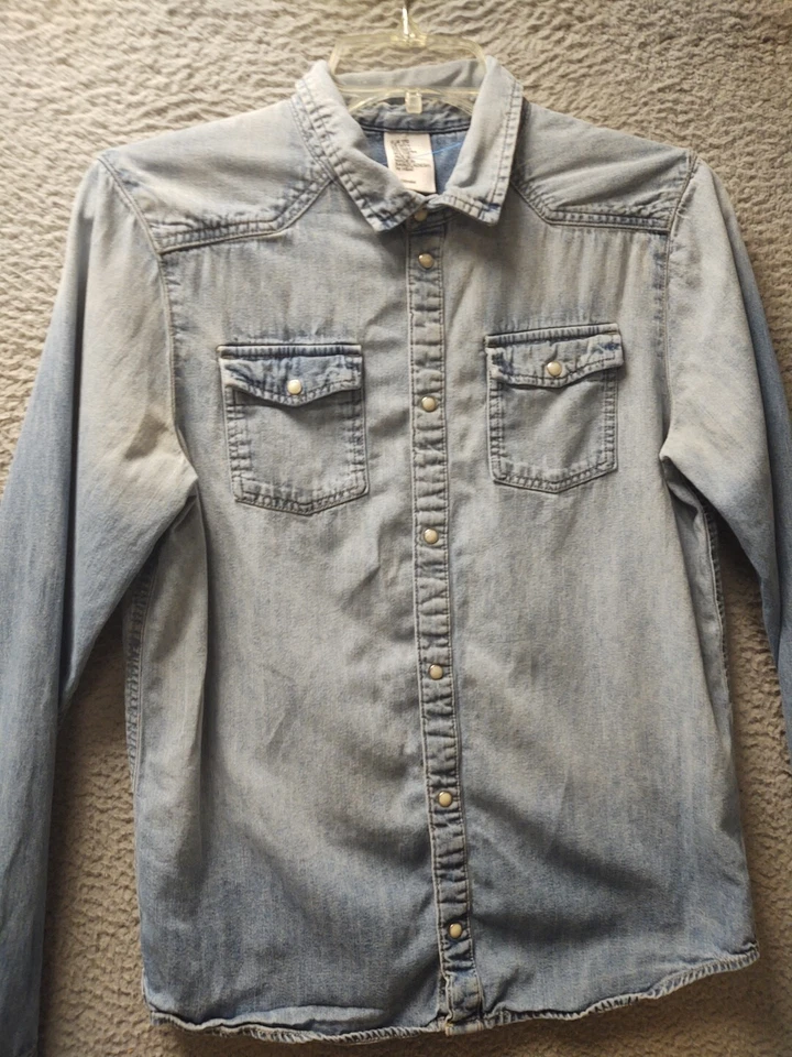 H&M Western Shirt Boys Size 14 Youth Blue Denin Pearl Snap Buttons Long Sleeve  - Image 3 of 4