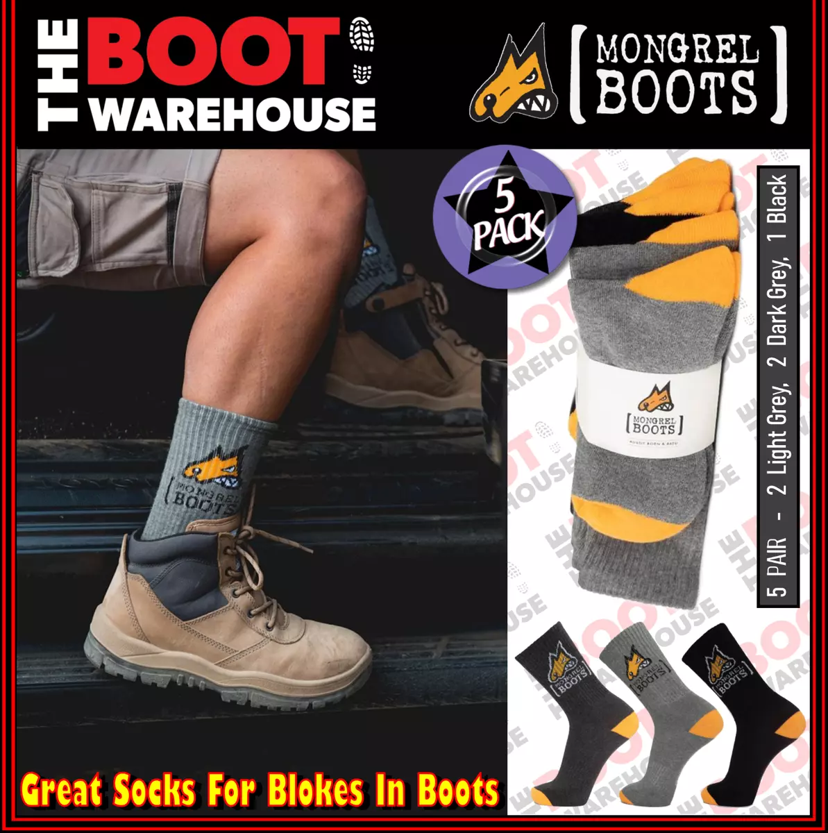 Mongrel Work Boot Socks. Cotton Comfort. 5 PACK. Light Grey Dark