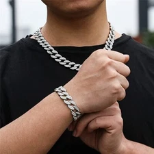 Iced Simulated Diamond Miami Cuban Silver Chain Hip Hop Necklace & Bracelet Set