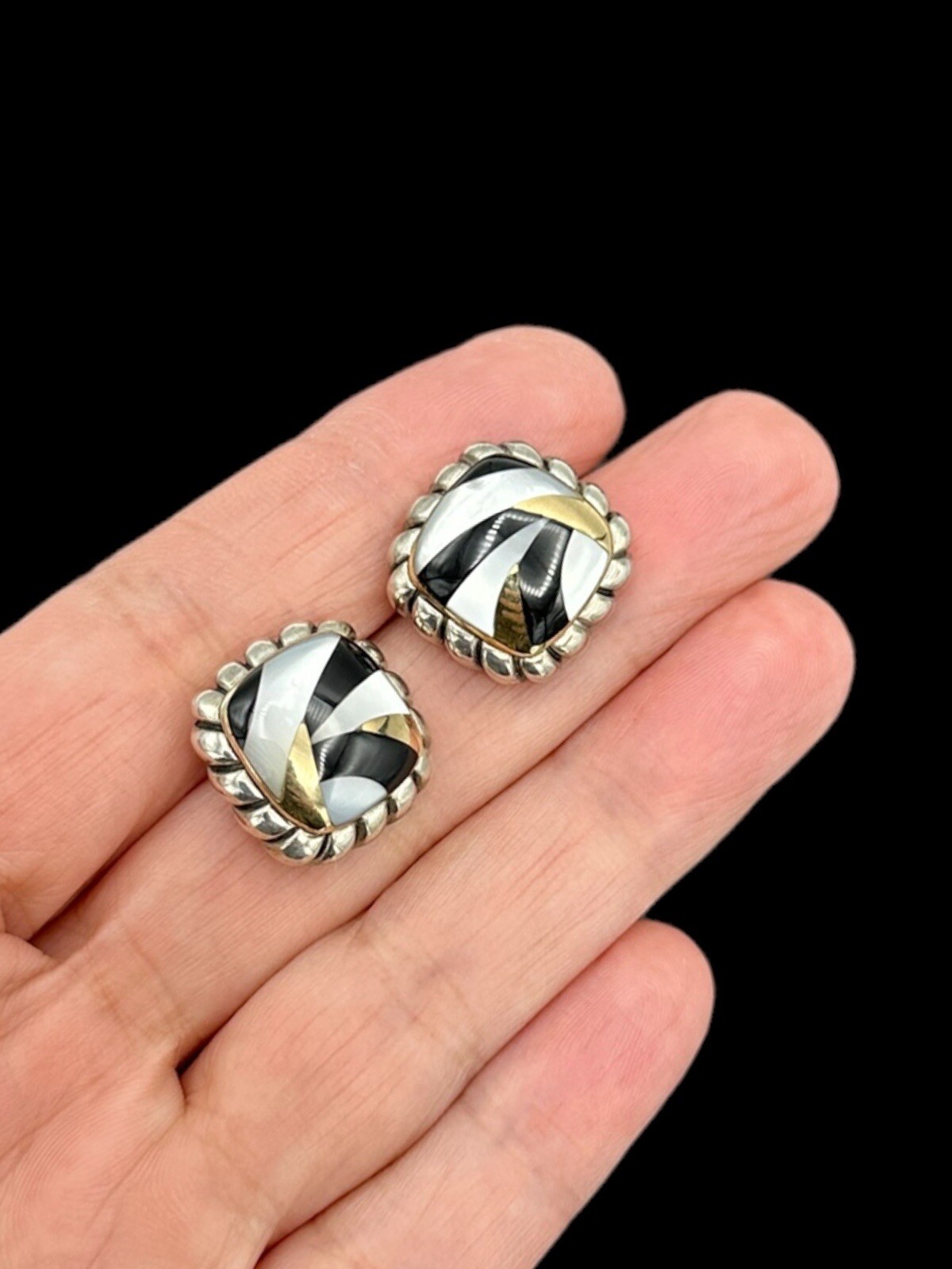Asch Grossbardt 18K Yellow Gold Sterling Silver MOP Onyx Inlay Pierced Earrings