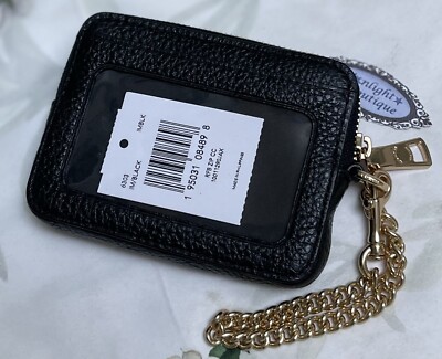 NWT COACH 6303 Zip ID Card Case With Gold Chain Strap BLACK