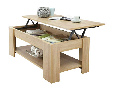 Holz Couchtisch Lift Top Up mit Ablage Regal Wohnzimmer Möbel Eiche