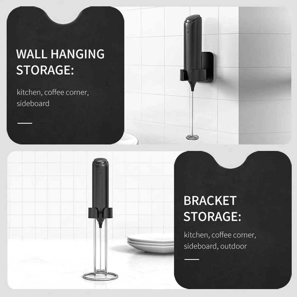 Milk Frother Handheld with Wall Mounted Stand USB Rechargeable Drink Mixer-Black