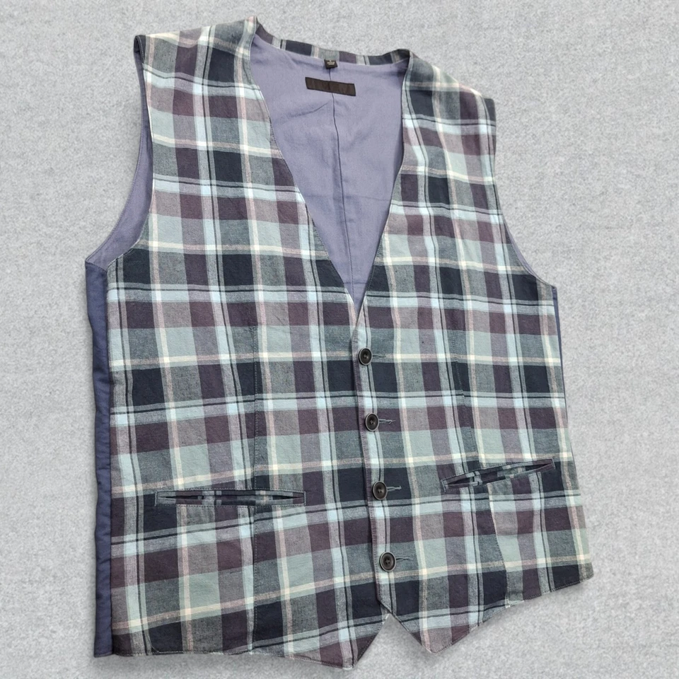Uniqlo Vest Men's Large Blue Purple Plaid 4 Button Sleeveless Preppy Formal - Image 3 of 4