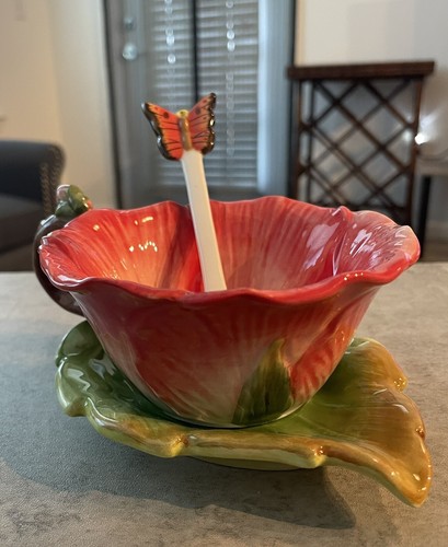 Flower Teacup, Leaf Saucer & Butterfly Spoon 3-Pc Set by Corner Ruby