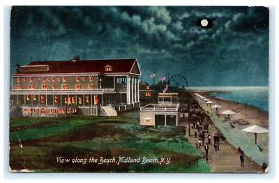 View Along Midland Beach NY Night Moon Ferris Wheel Staten Island Postcard G10
