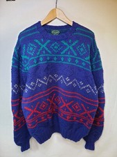 Vintage IZOD Wool Pullover Sweater Men XL Blue MultiColor Geometric FLAW Read