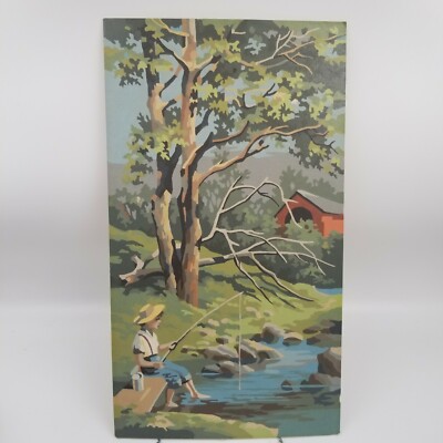 Vintage Paint By Number Summer Fishing Boy Scenery 10 x 18
