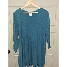 Endless Knot Art Teal Floral Print Rayon Babydoll Tunic Dress M