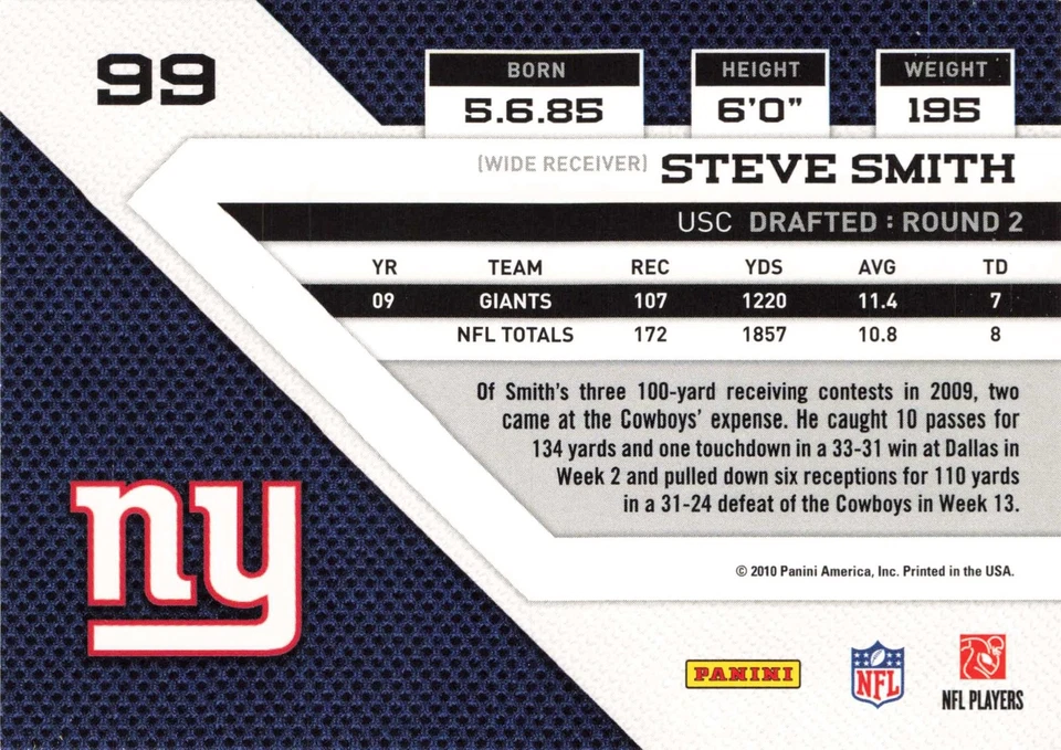 Steve Smith 2010 Panini Threads #99 New York Giants Football - Image 2 of 2