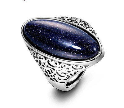 925 Silver Blue Sandstone Ring Filigree Statement Band Galaxy Stone sz 6-10