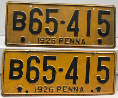1926 Pennsylvania License Plate Pair Plates B65-415