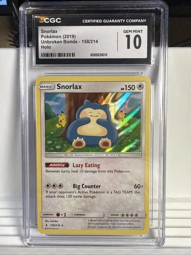 Pokemon Snorlax Holo Sun & Moon Unbroken Bonds 158/214 CGC 10 Gem Mint