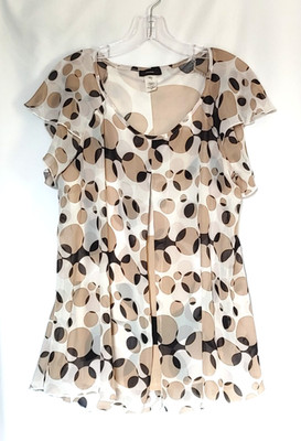 COCOMO Split Front Flutter Sleeve Top (M) Brown Black White Chiffon Overlay