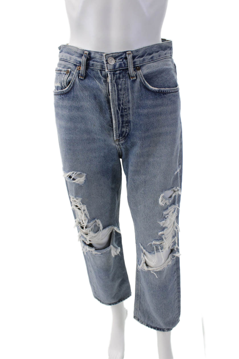 Agolde Womens Button Fly High Rise Distressed Straight Leg Jeans Blue Size 24Free Shipping in US $100+ Orders | $6.95 Orders Below