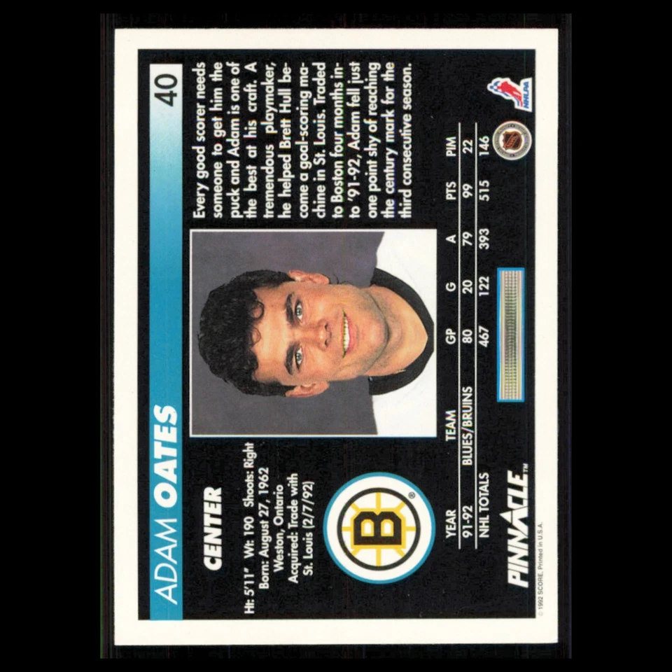 Adam Oates #40 1992 Pinnacle Boston Bruins Hockey Card NHL NM - Image 2 of 3