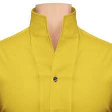 Men Bright Yellow 100 Cotton Shirt Black Buttons High Open Band Mandarin Collar