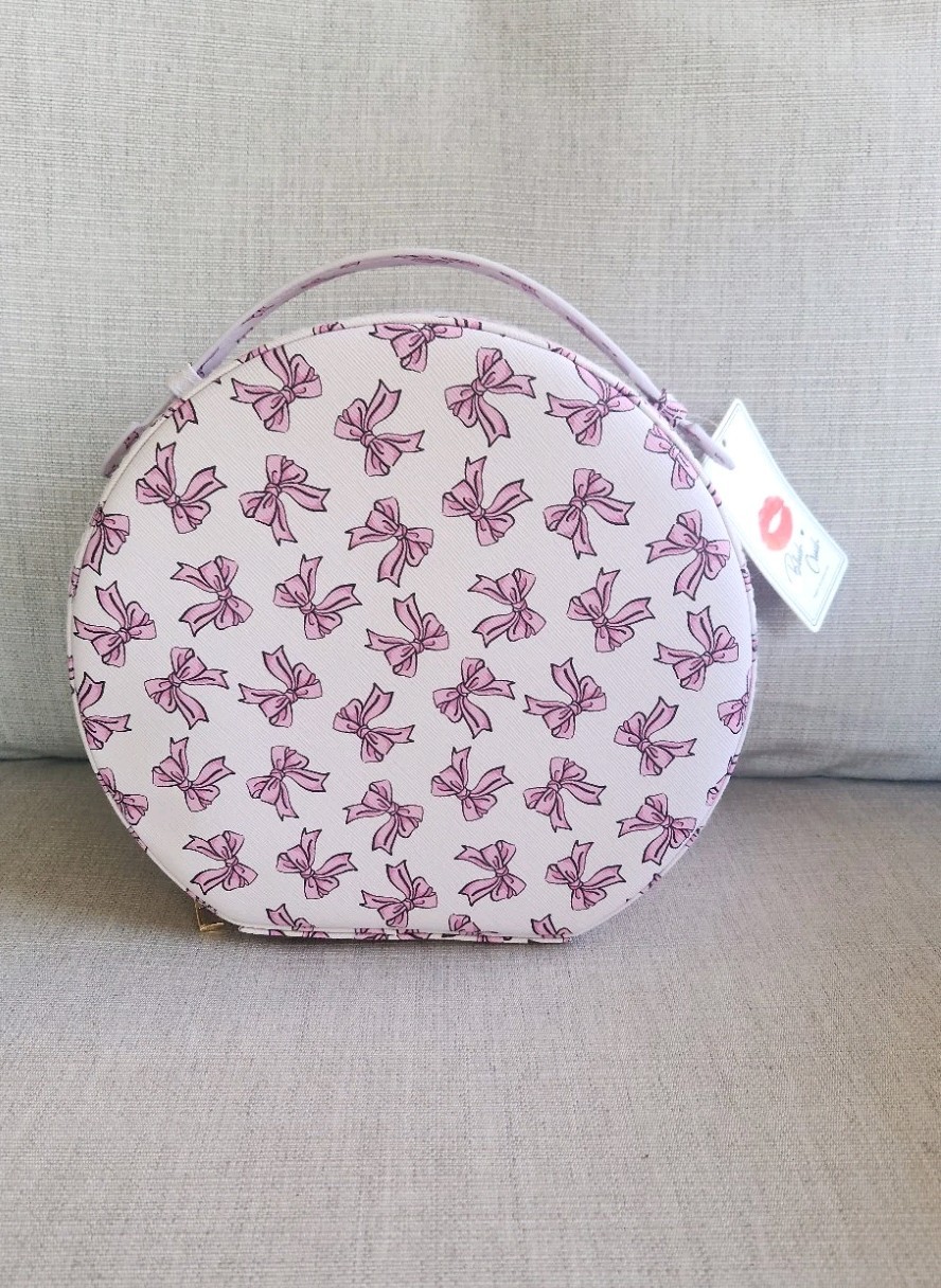 NWT! Blush Crush Round Travel Vanity Storage Case w/Mirror Pink Coquette Bows