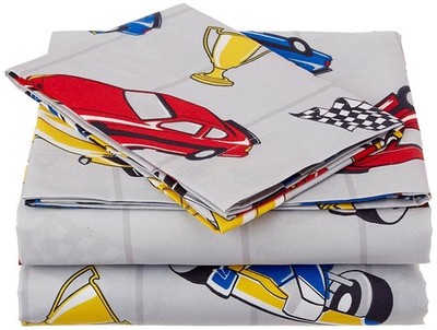 Sheet Set for Boys/Teens Race Cars Flags Champion Grey Yellow Red Blue Black ...