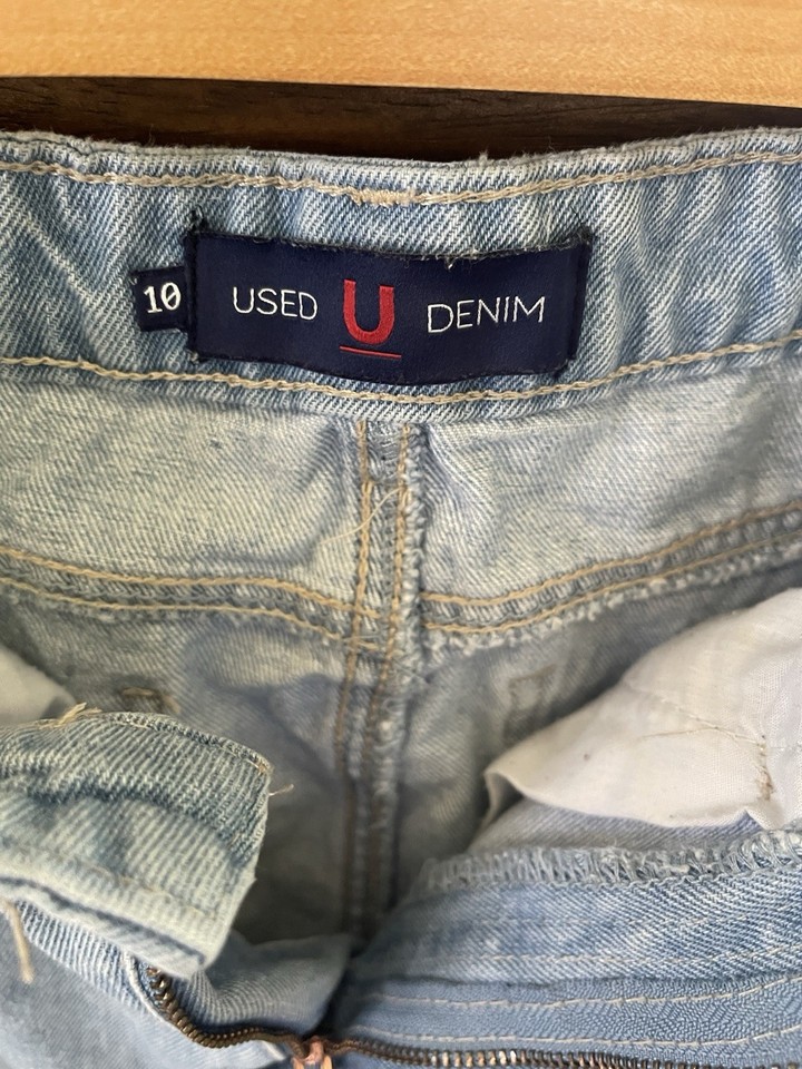 Used Denim Dept. Mini Denim Skirt Size 10 Light Blue Wash Distressed Frayed VGC