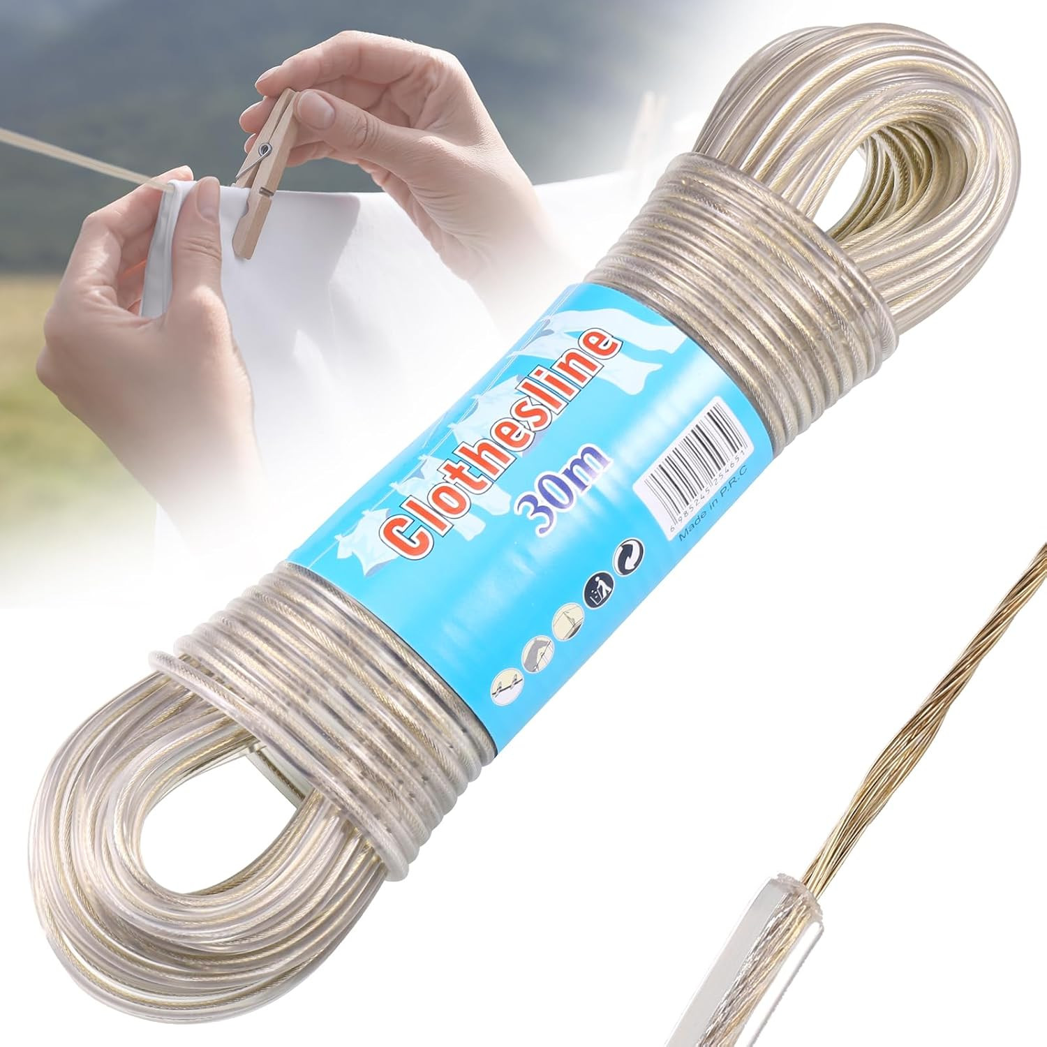 30M Washing Line Rope, Heavy Duty Clothes Line Steel Core, Strong String 4Mm Dia