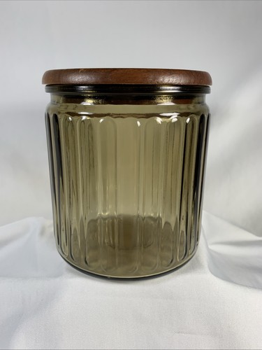 Vintage Aztec Ribbed Glass Tobacco Jar with Wooden Lid Smokey Amber Color