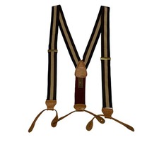 Trafalgar Suspenders Braces Navy Blue Ribbon Stripes Brown Leather Button