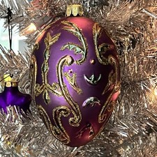 Purple Blown Glass Gold Glitter Jewel Egg Shape Christmas Ornament 5" Psanky