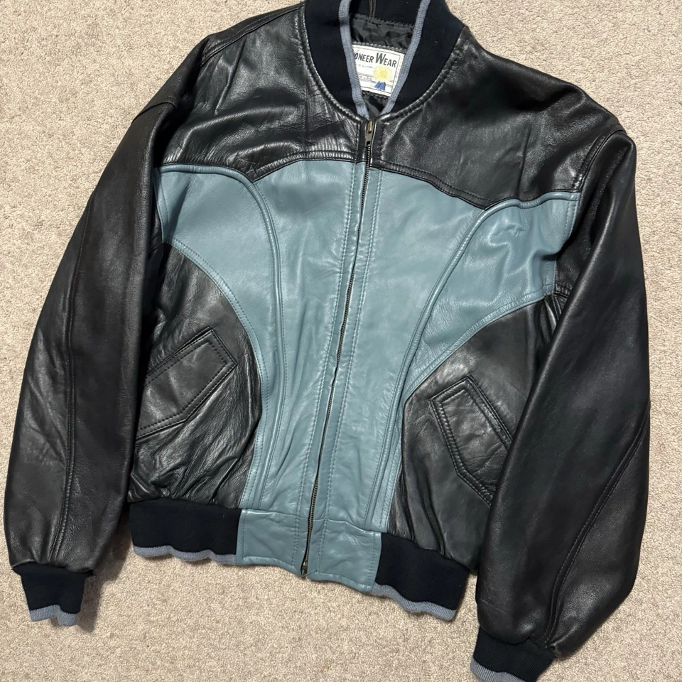 Vintage Pioneer Wear Leather Bomber Jacket Southwest L Black & Teal Green - Image 2 of 4