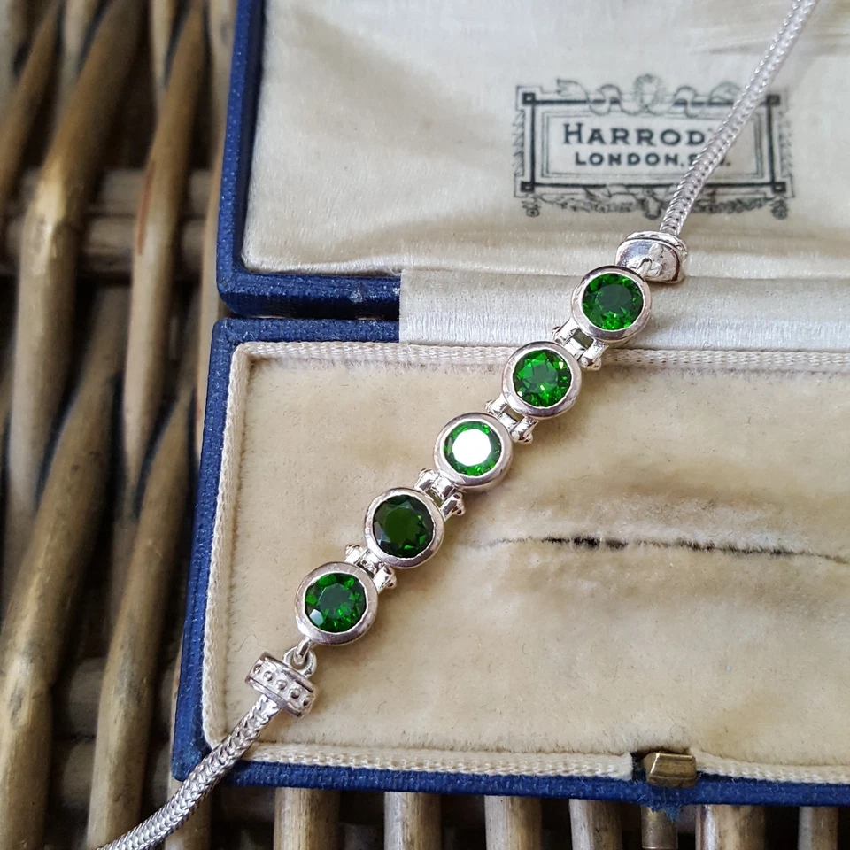 Pulsera de plata de ley 925, piedras preciosas de diopsido verde natural, ajustable Foto 3 de 4