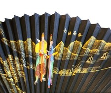 Chinese Folding Fan Hand-Painted Scenic Bamboo Paper Includes Box