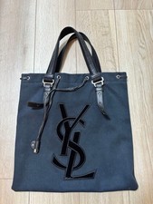 YSL Yves Saint Laurent Kahala Black Canvas Tote Bag Logo Leather Handle