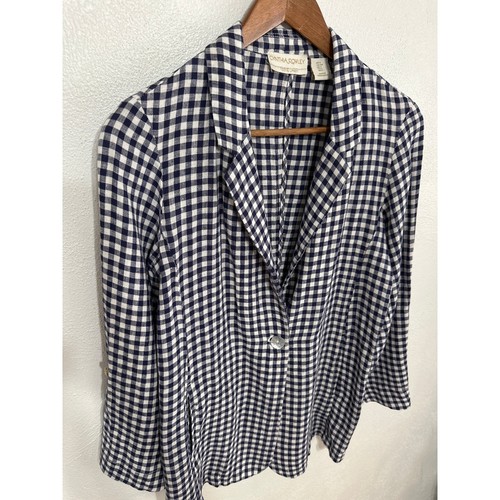 Gingham Cynthia Rowley Linen Blazer S Navy Coastal Nautical Vineyard Hamptons - Picture 6 of 16