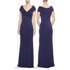 La Femme Womens size 8 Formal Dress Ruched Jersey Column Gown Navy Blue 30040
