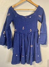 Free People Counting Daisies Embroidered Off-The-Shoulder Dress Navy Size Medium