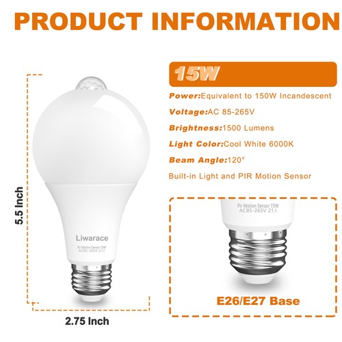 E26/E27 Motion-Activated Bulbs - 15W (150W Equivalent) 1-5PCS Auto Dusk-Dawn USA - Picture 2 of 11