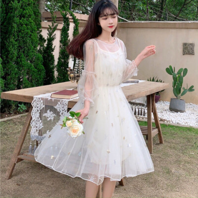 Lady Summer Mesh Midi Dress 2 Pieces Set Star Print Sheer Loose Lolita  Sweet | eBay