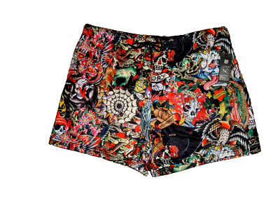 NWT Ed Hardy Mesh Lined Mens Shorts Sz M Multicolor Eagles Tattoo Skulls AOP