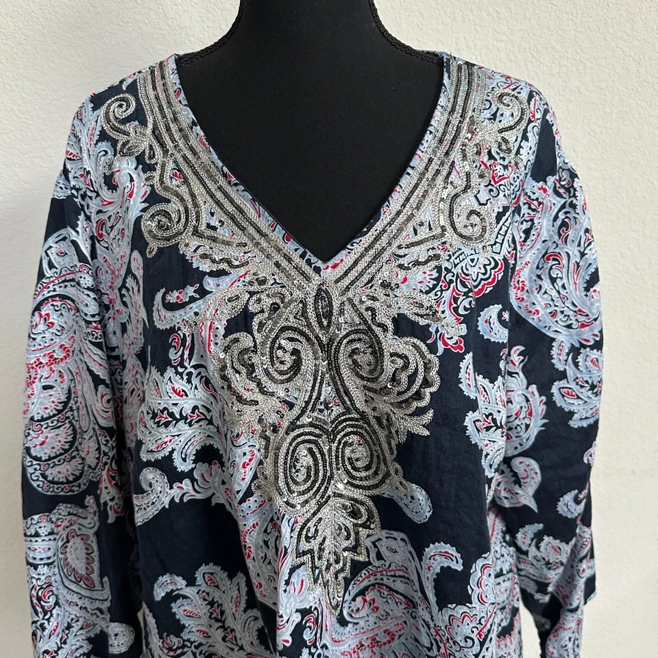 Blusa túnica Charter Club 3X Plus 100 % lino lentejuelas cachemira azul marino Lagenlook Foto 2 de 4